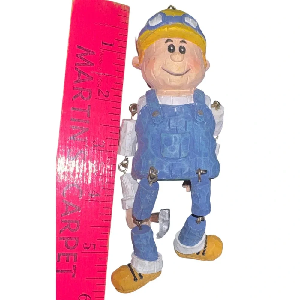 Vintage Artisan Carved Wood Construction Worker Ornament Hanging Decor Puppet